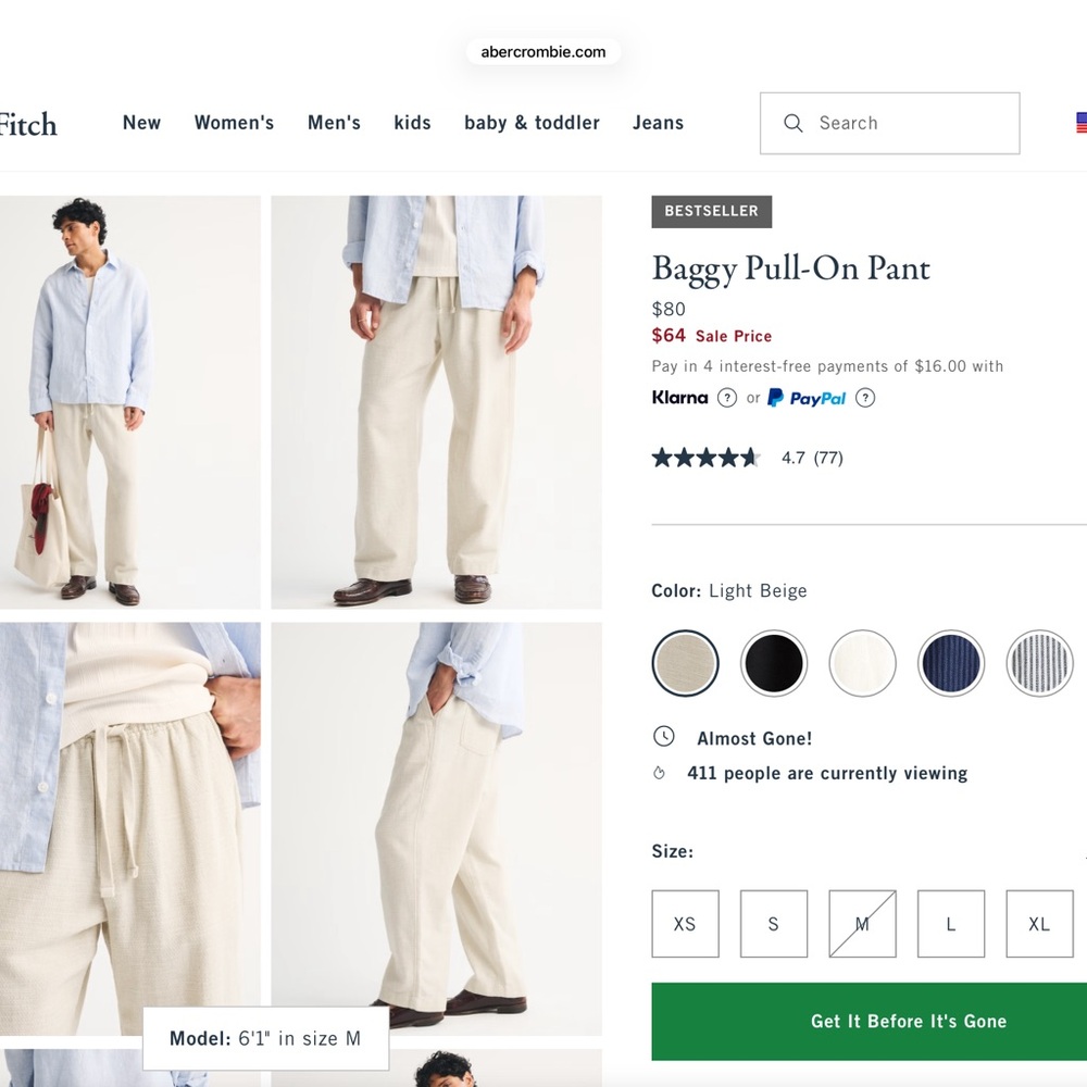 Abercrombie & Fitch Light Beige Baggy Pull-On Pants for Men